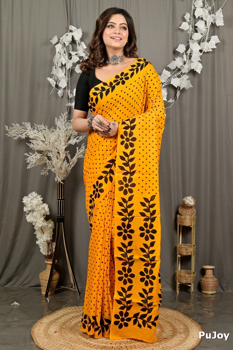 Yellow Pure Cotton Febuitwo Printed Handloom Saree (3027)