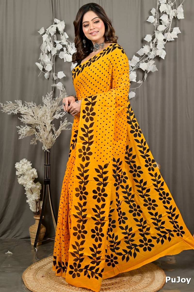 Yellow Pure Cotton Febuitwo Printed Handloom Saree (3027)