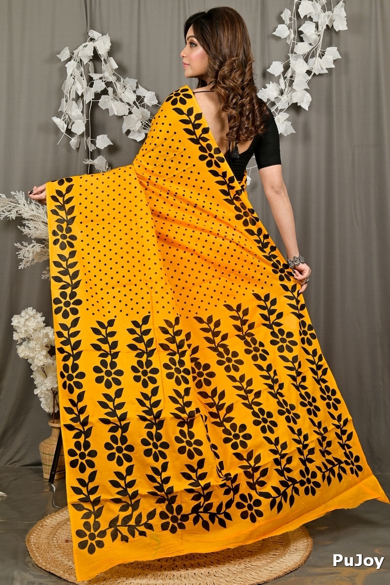 Yellow Pure Cotton Febuitwo Printed Handloom Saree (3027)