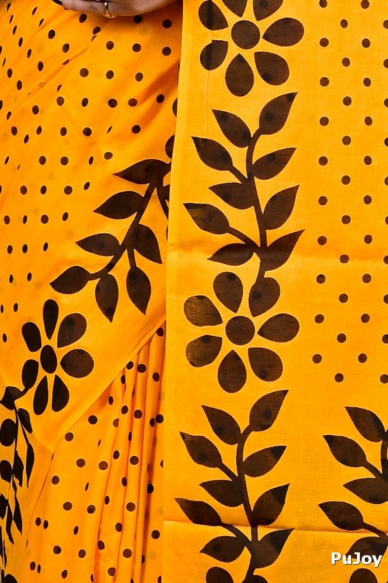 Yellow Pure Cotton Febuitwo Printed Handloom Saree (3027)