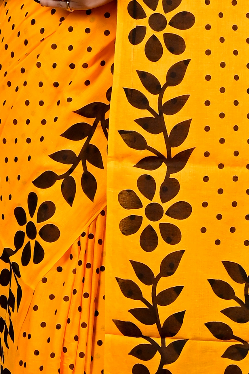 Yellow Pure Cotton Febuitwo Printed Handloom Saree (3027)