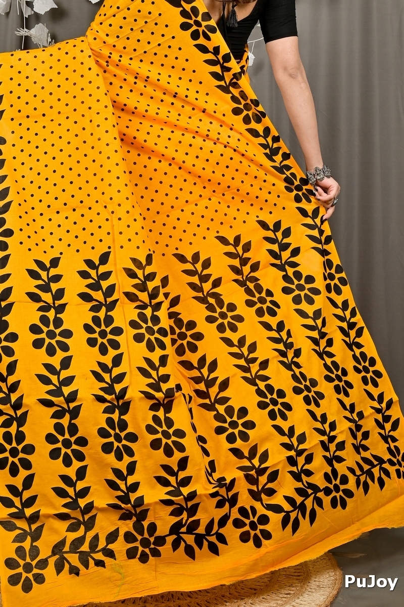 Yellow Pure Cotton Febuitwo Printed Handloom Saree (3027)