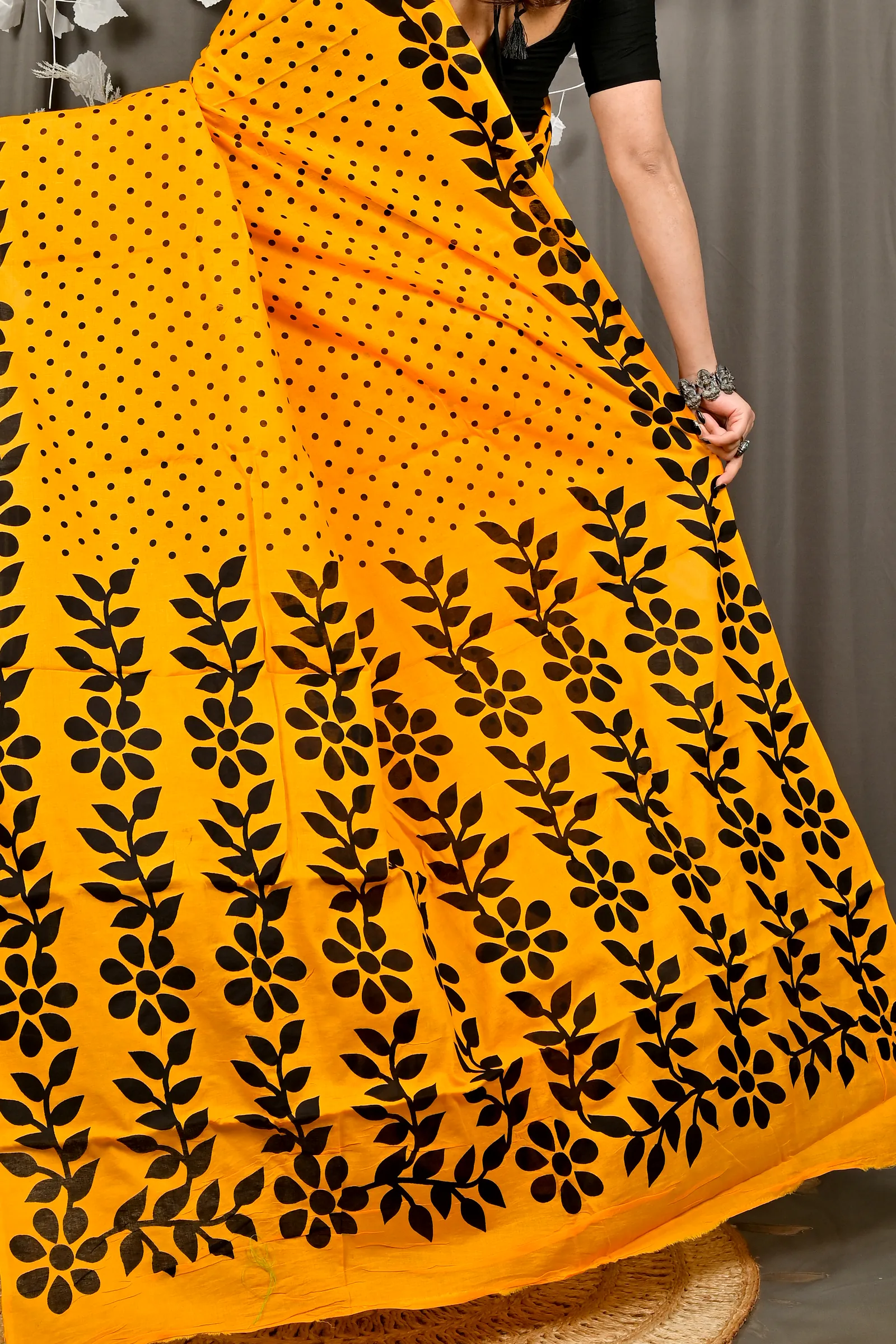 Yellow Pure Cotton Febuitwo Printed Handloom Saree (3027)