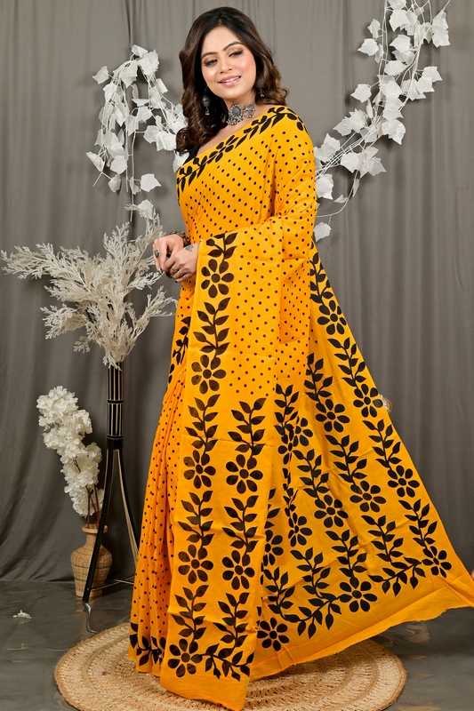 Yellow Pure Cotton Febuitwo Printed Handloom Saree (3027)