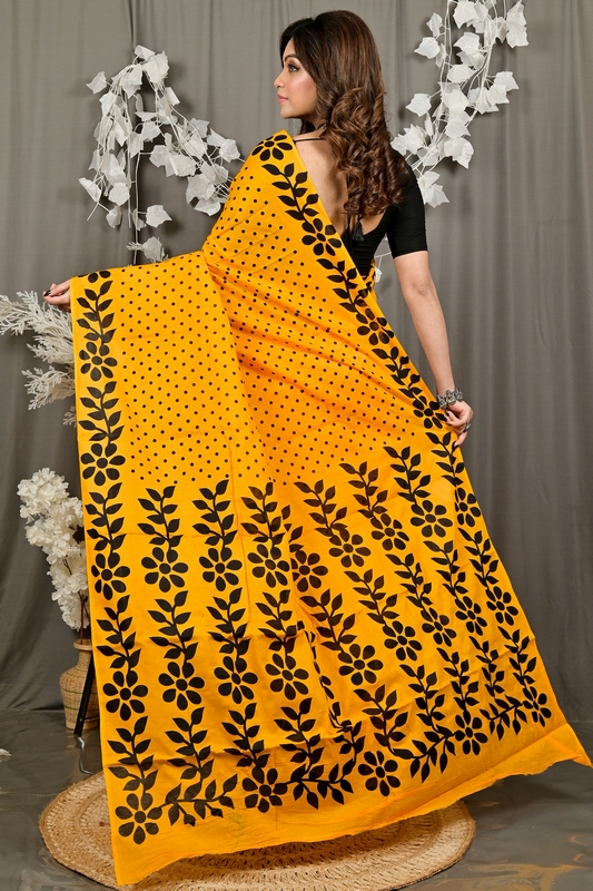 Yellow Pure Cotton Febuitwo Printed Handloom Saree (3027)