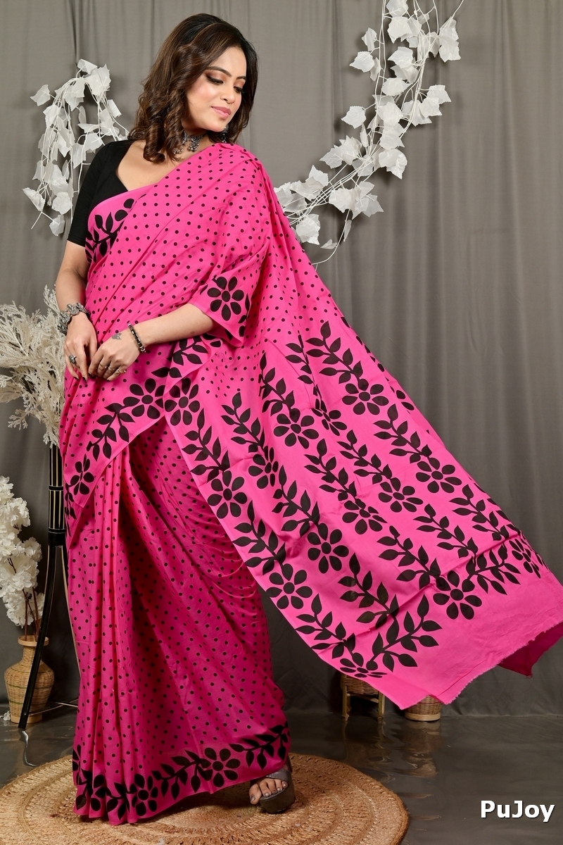 Dark Pink Pure Cotton Febuitwo Printed Handloom Saree (3028)