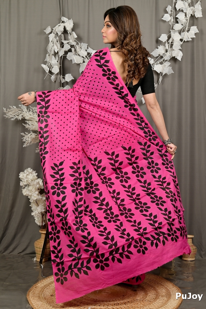 Dark Pink Pure Cotton Febuitwo Printed Handloom Saree (3028)