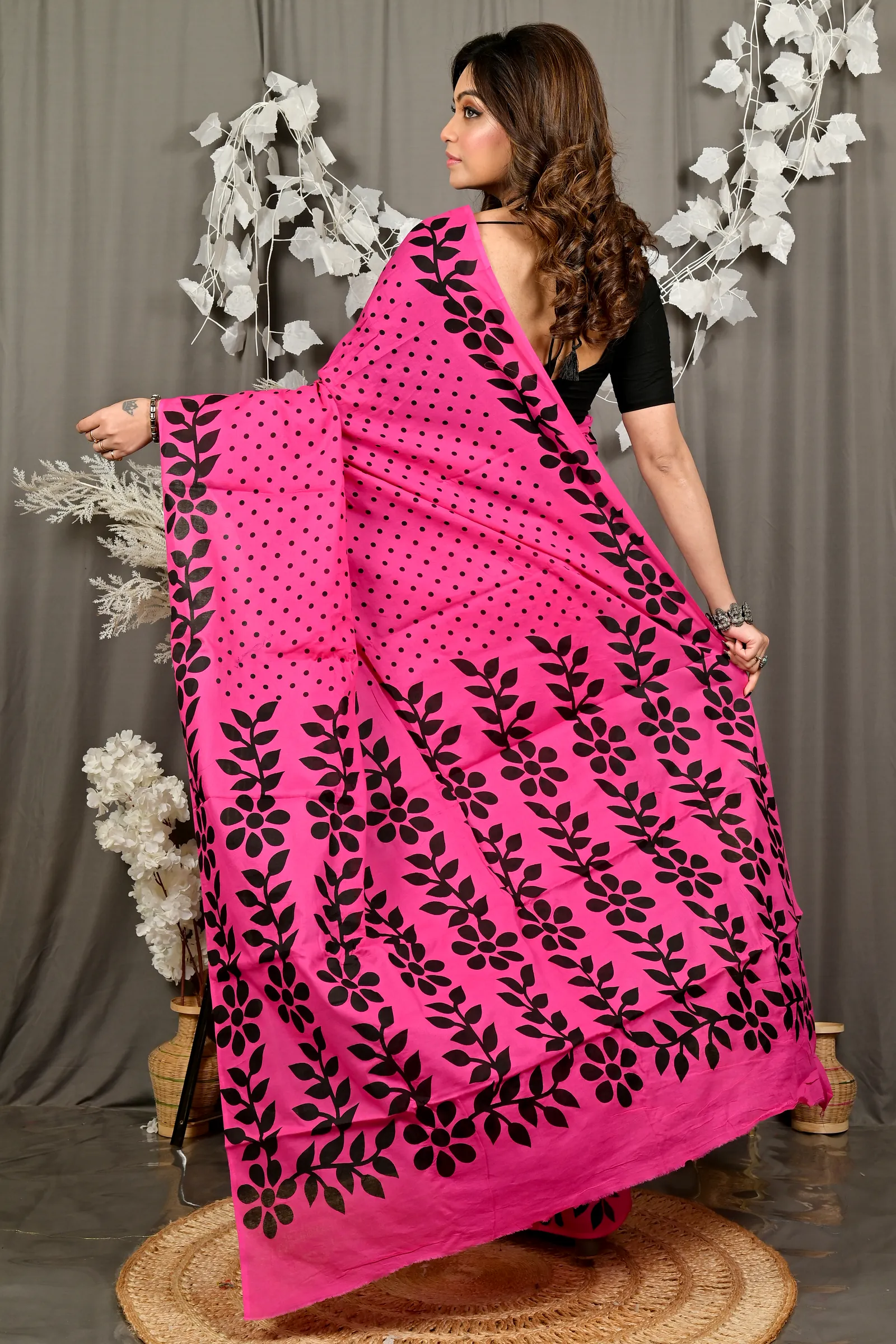 Dark Pink Pure Cotton Febuitwo Printed Handloom Saree (3028)