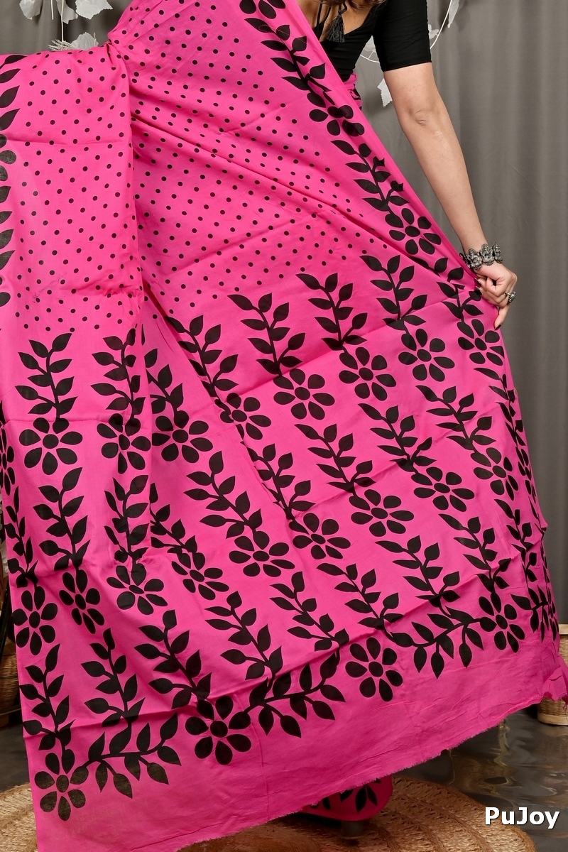 Dark Pink Pure Cotton Febuitwo Printed Handloom Saree (3028)