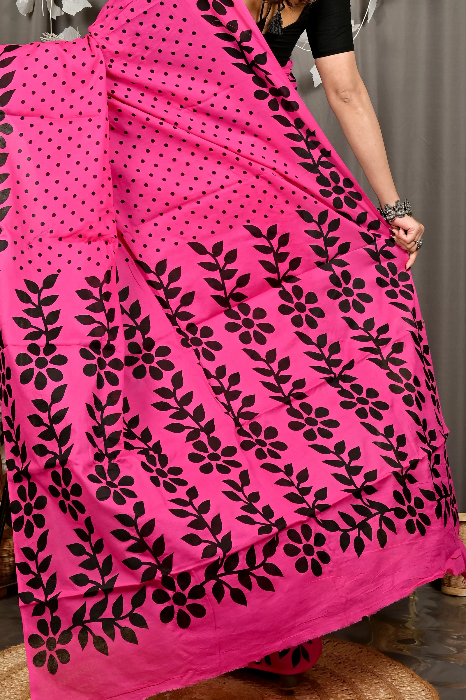 Dark Pink Pure Cotton Febuitwo Printed Handloom Saree (3028)