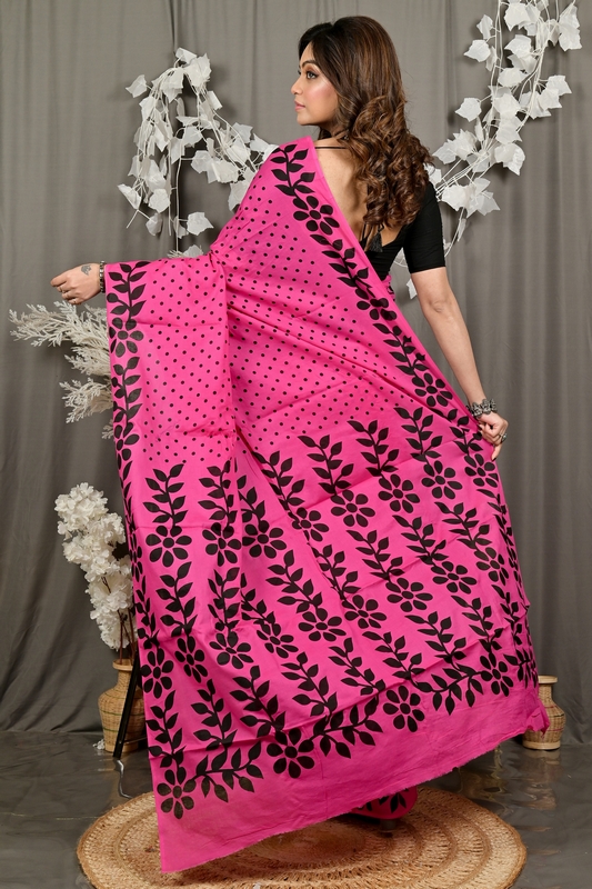 Dark Pink Pure Cotton Febuitwo Printed Handloom Saree (3028)