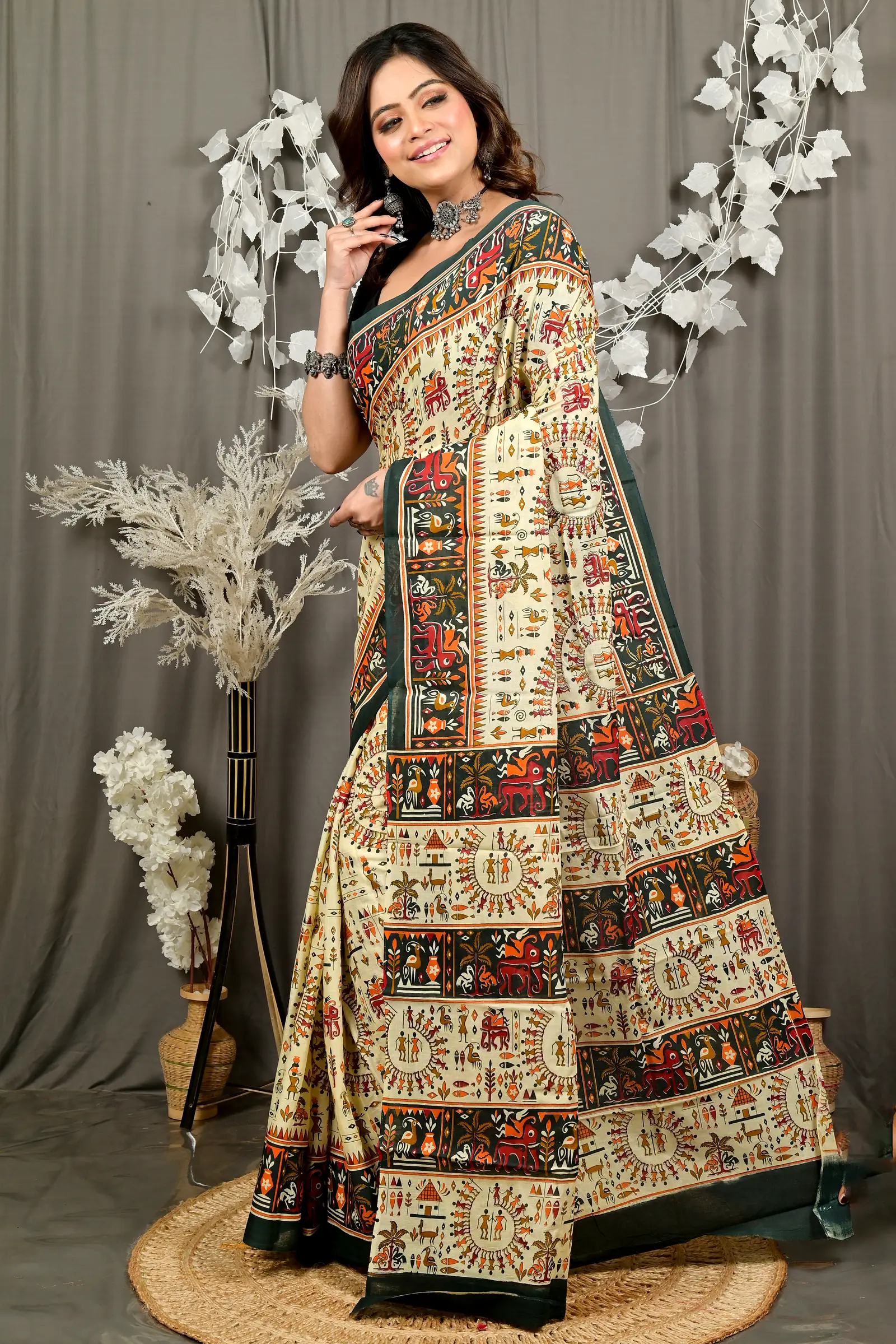 Off White Green Pure Cotton Feepsi Kalamkari Printed Saree (3029)