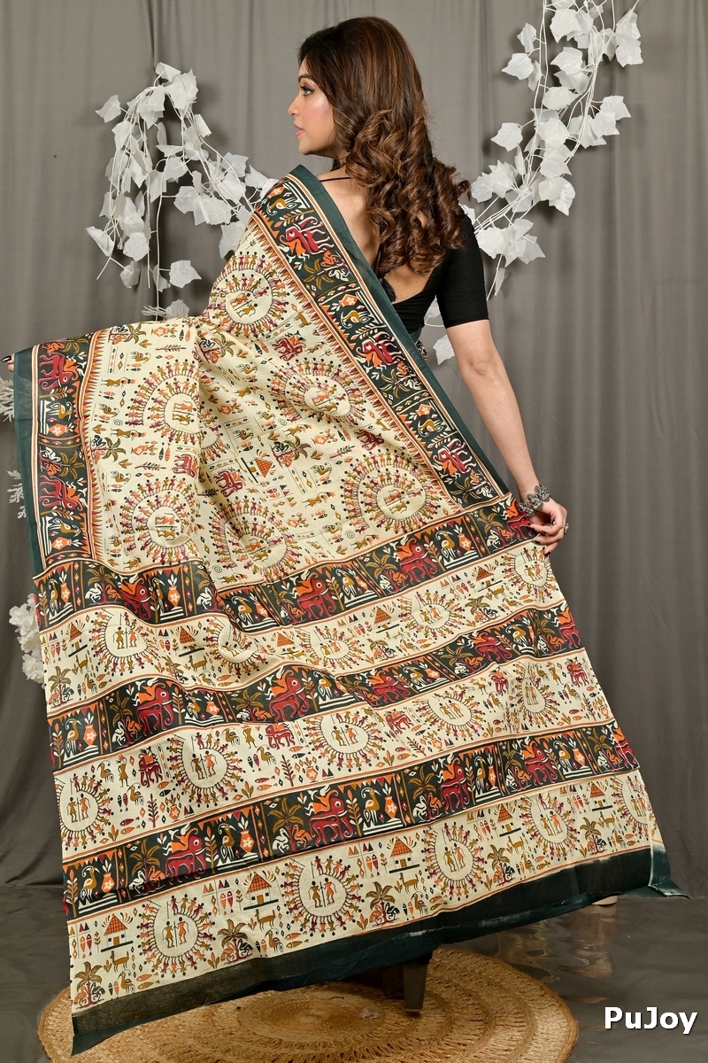 Off White Green Pure Cotton Feepsi Kalamkari Printed Saree (3029)
