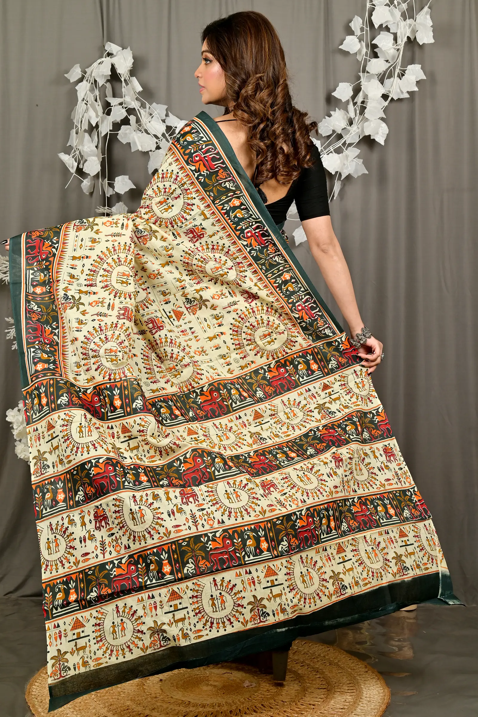 Off White Green Pure Cotton Feepsi Kalamkari Printed Saree (3029)