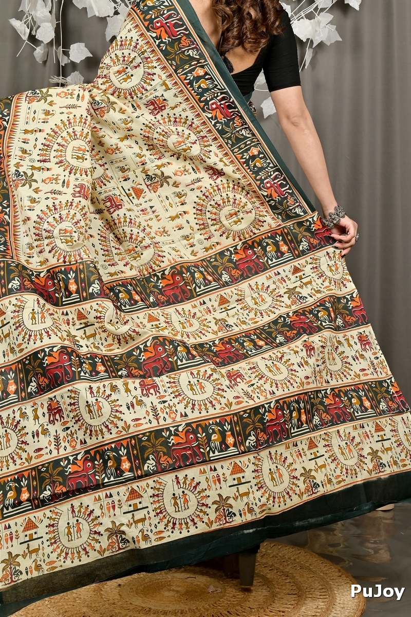 Off White Green Pure Cotton Feepsi Kalamkari Printed Saree (3029)