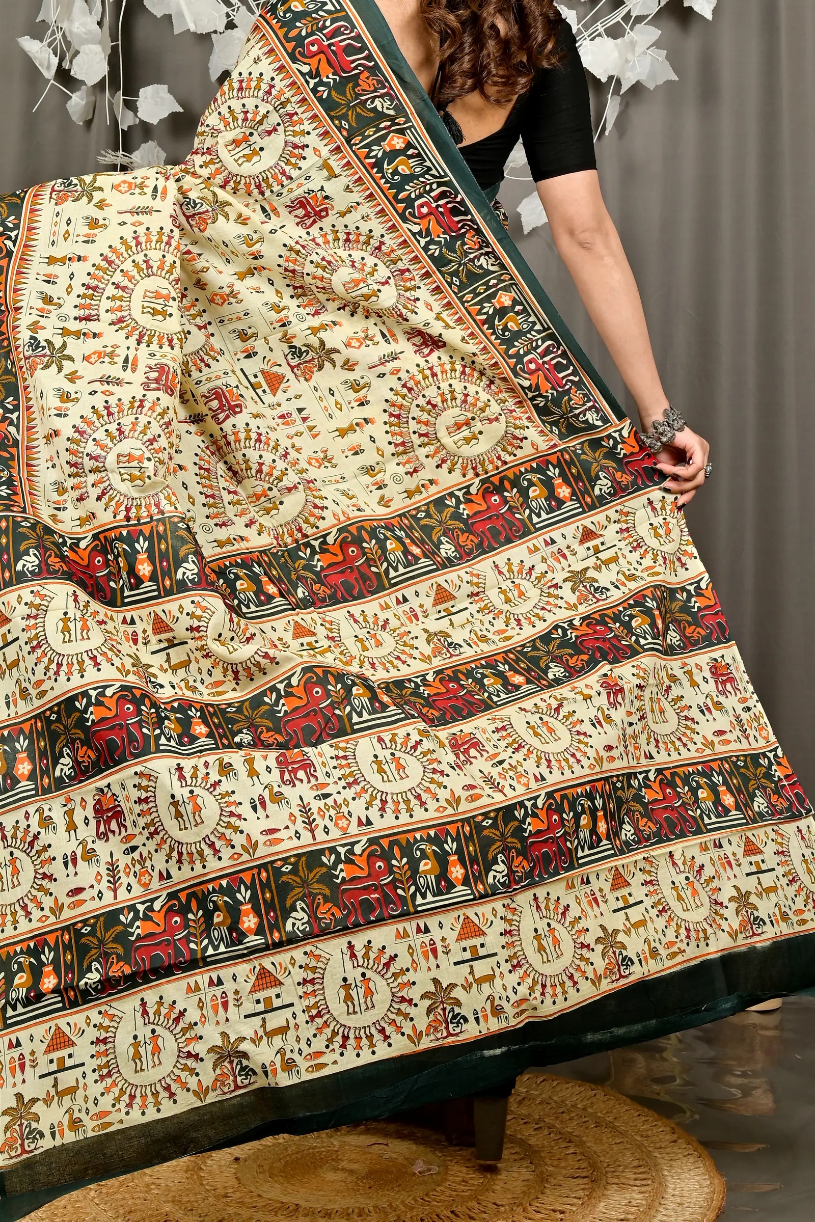 Off White Green Pure Cotton Feepsi Kalamkari Printed Saree (3029)