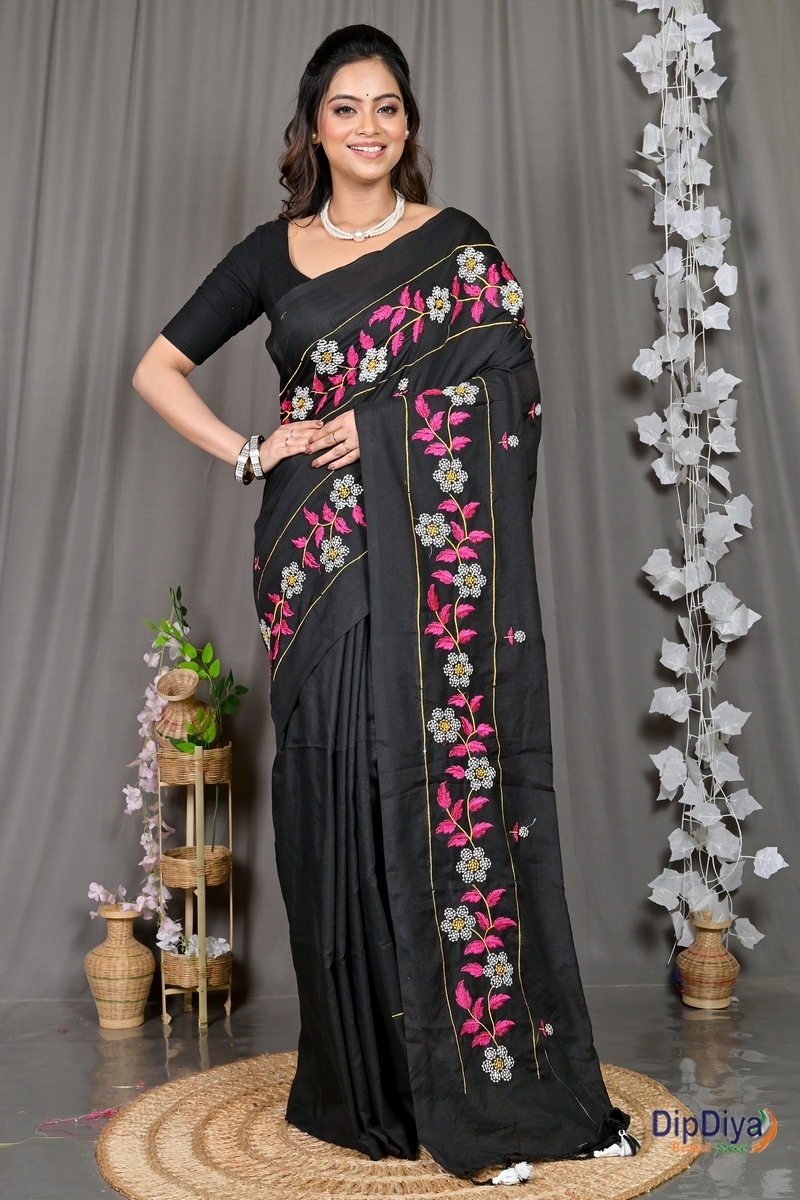 Black Cotton Blended Paraya Embroidery Handloom saree (303)