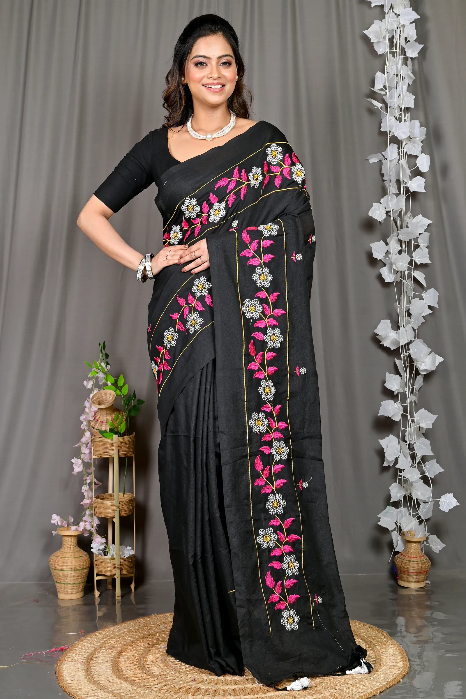 Black Cotton Blended Paraya Embroidery Handloom saree (303)