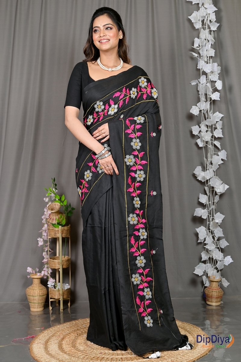 Black Cotton Blended Paraya Embroidery Handloom saree (303)