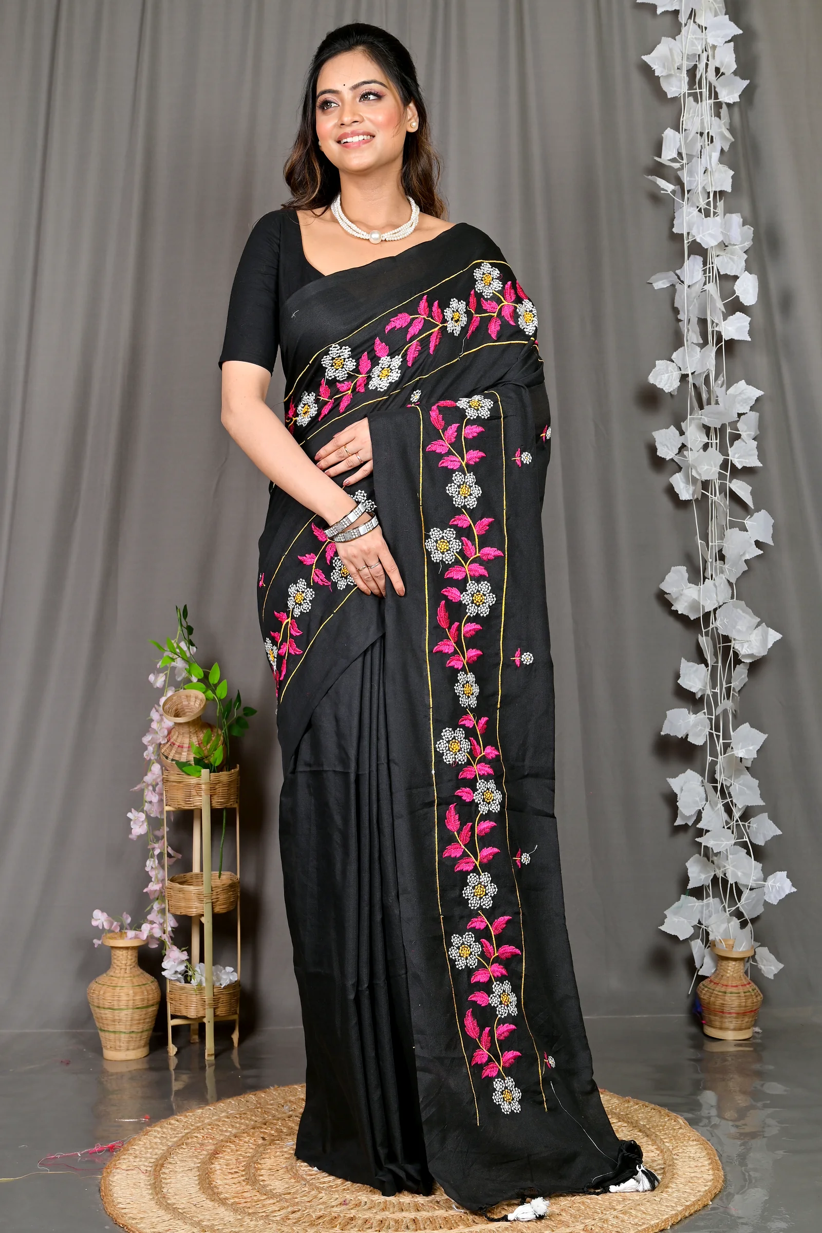 Black Cotton Blended Paraya Embroidery Handloom saree (303)