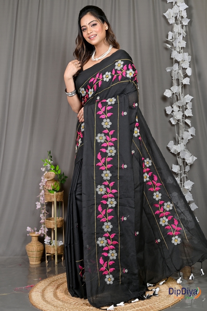 Black Cotton Blended Paraya Embroidery Handloom saree (303)