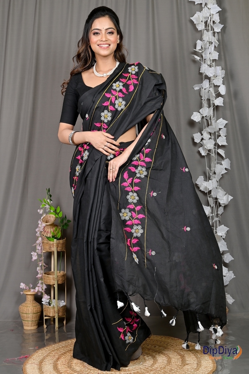 Black Cotton Blended Paraya Embroidery Handloom saree (303)