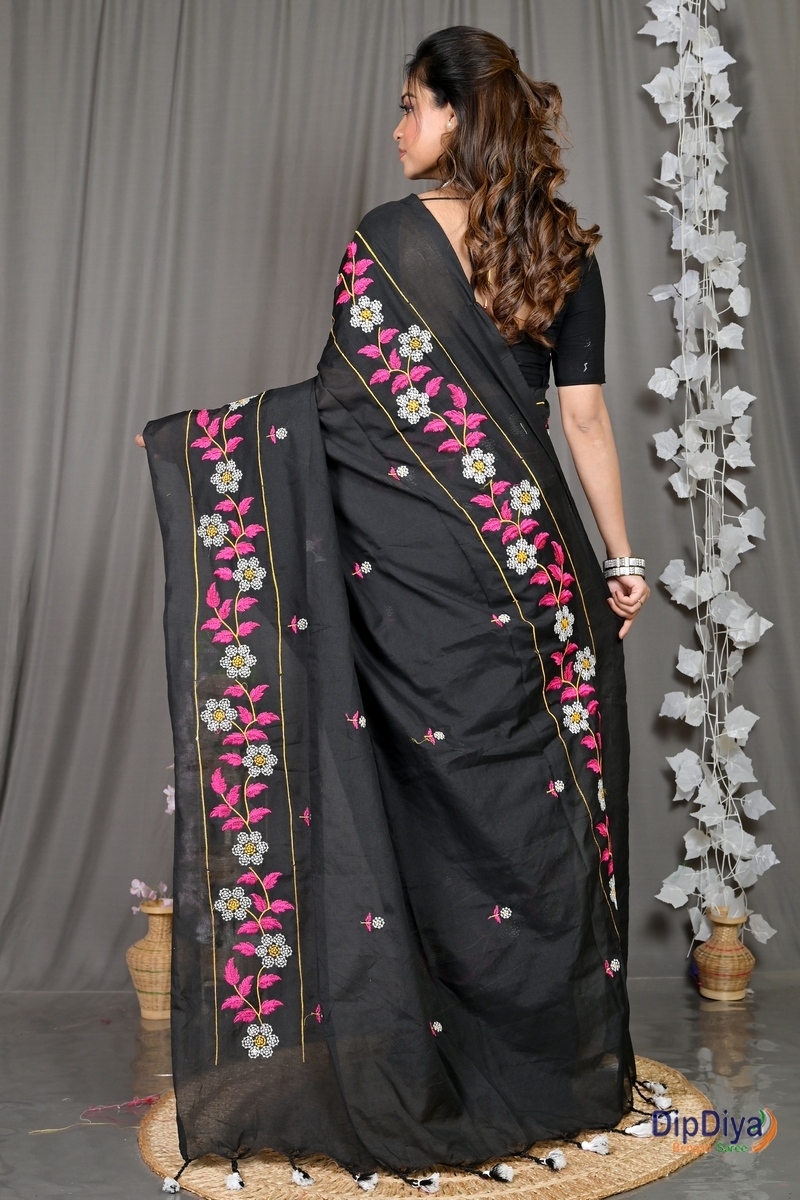 Black Cotton Blended Paraya Embroidery Handloom saree (303)