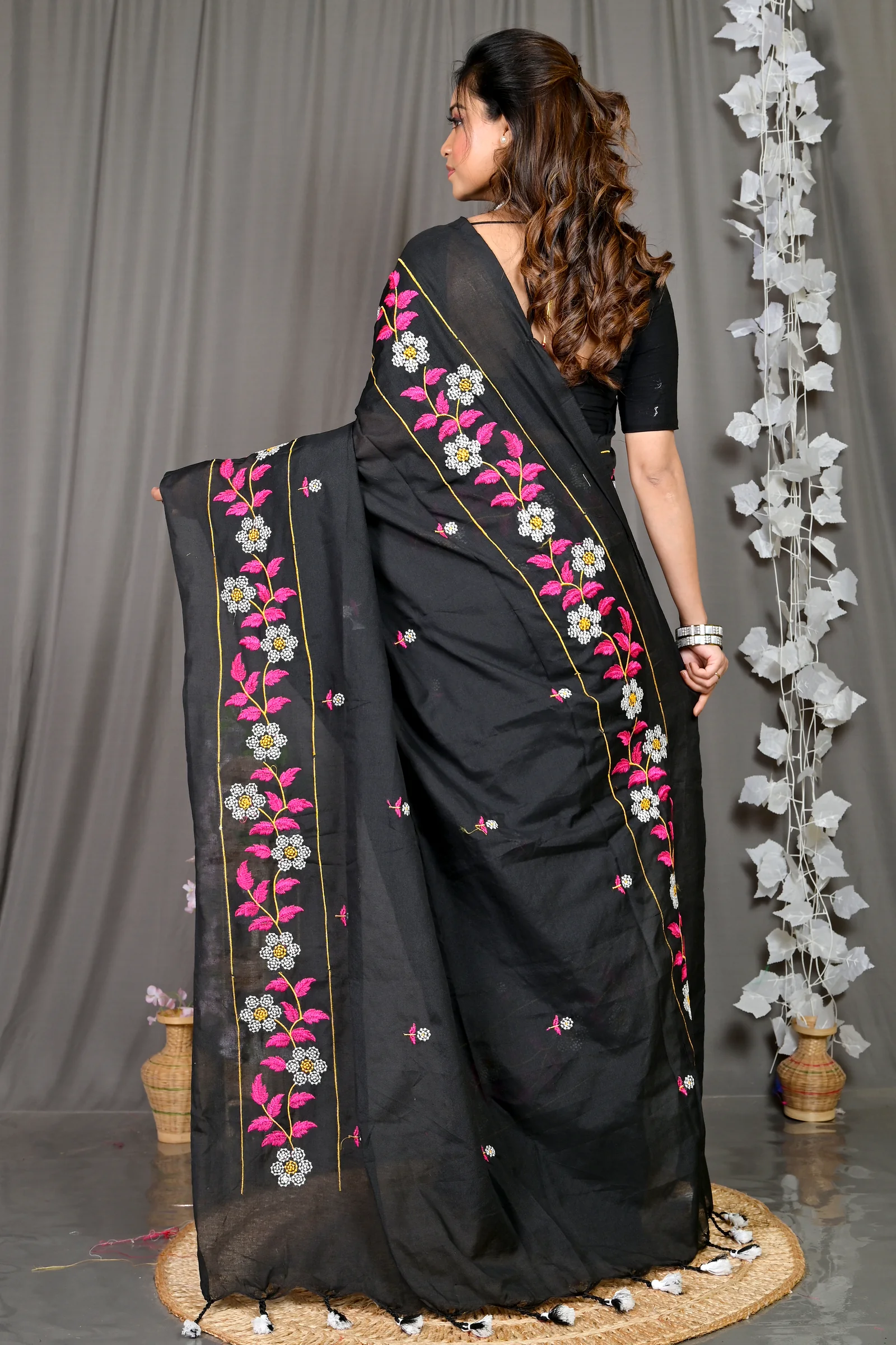 Black Cotton Blended Paraya Embroidery Handloom saree (303)