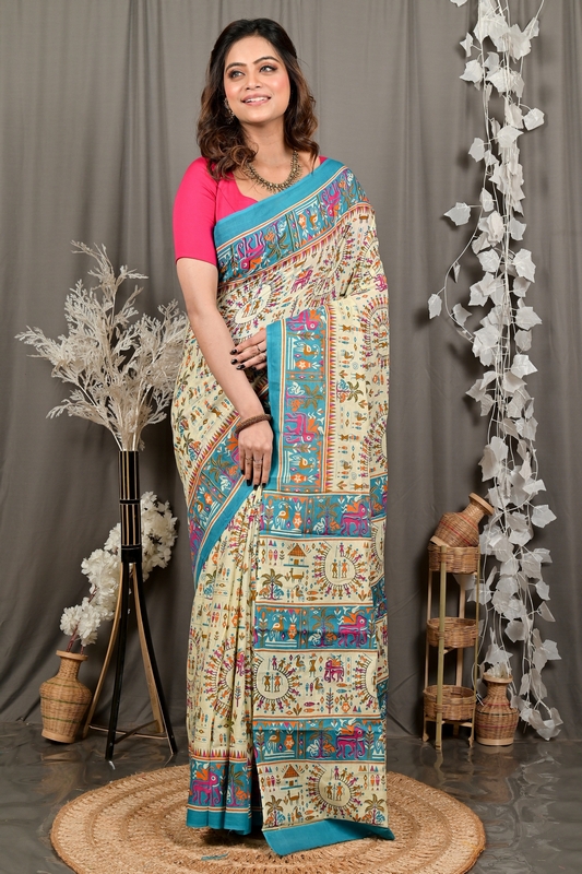 Off White Blue Pure Cotton Feepsi Kalamkari Printed Saree (3030)