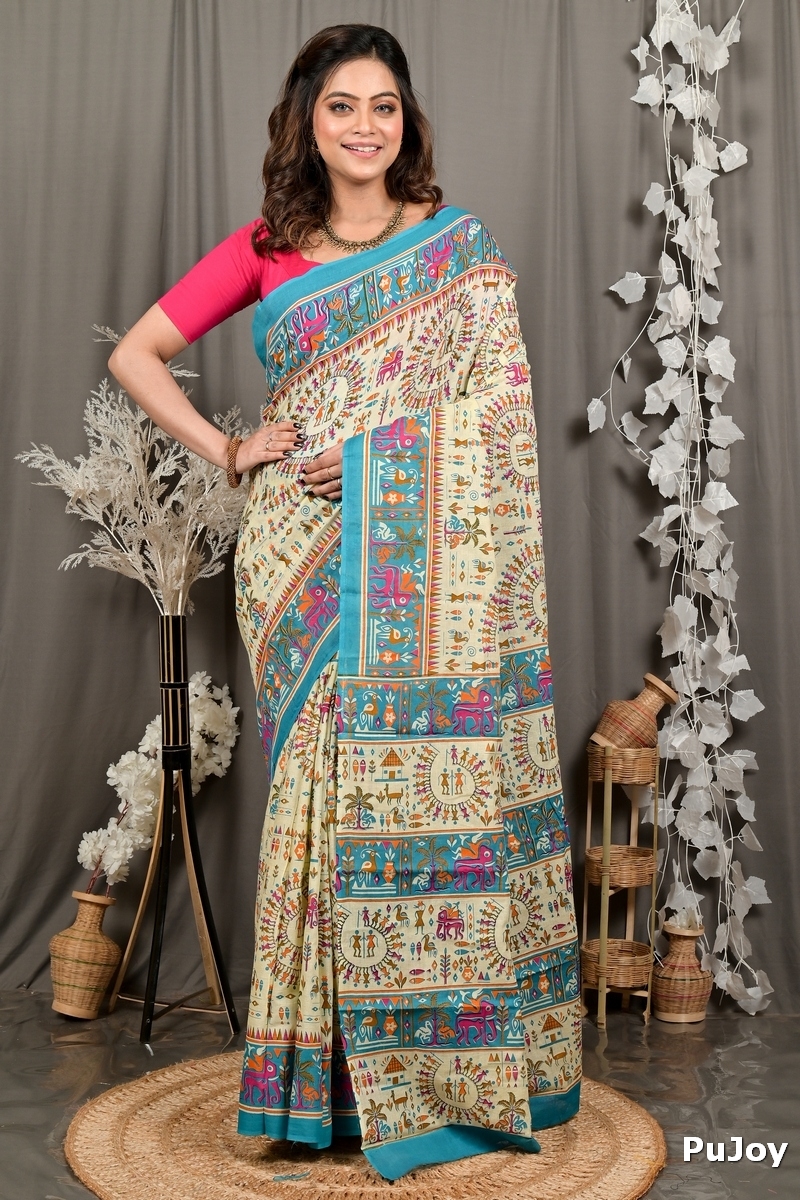 Off White Blue Pure Cotton Feepsi Kalamkari Printed Saree (3030)
