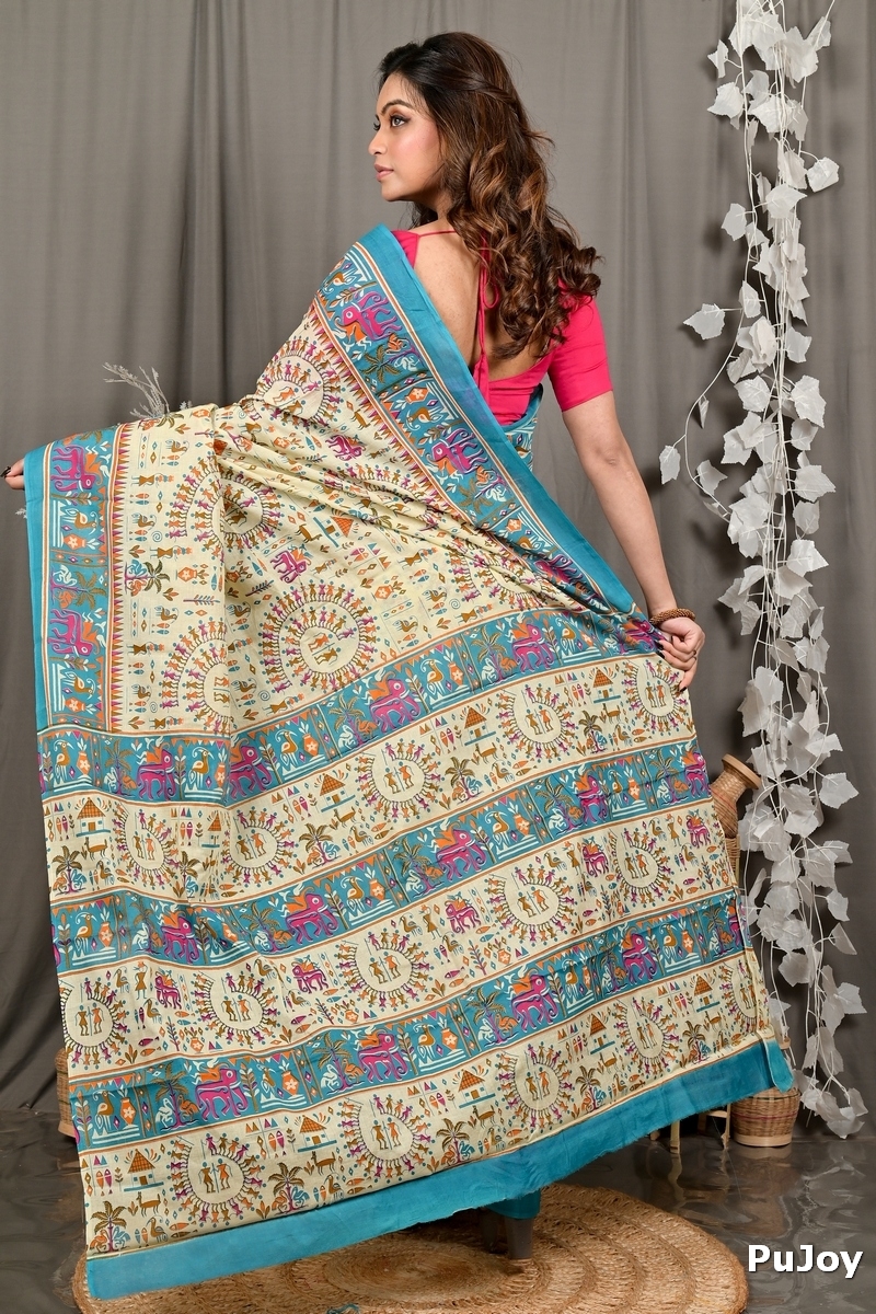 Off White Blue Pure Cotton Feepsi Kalamkari Printed Saree (3030)