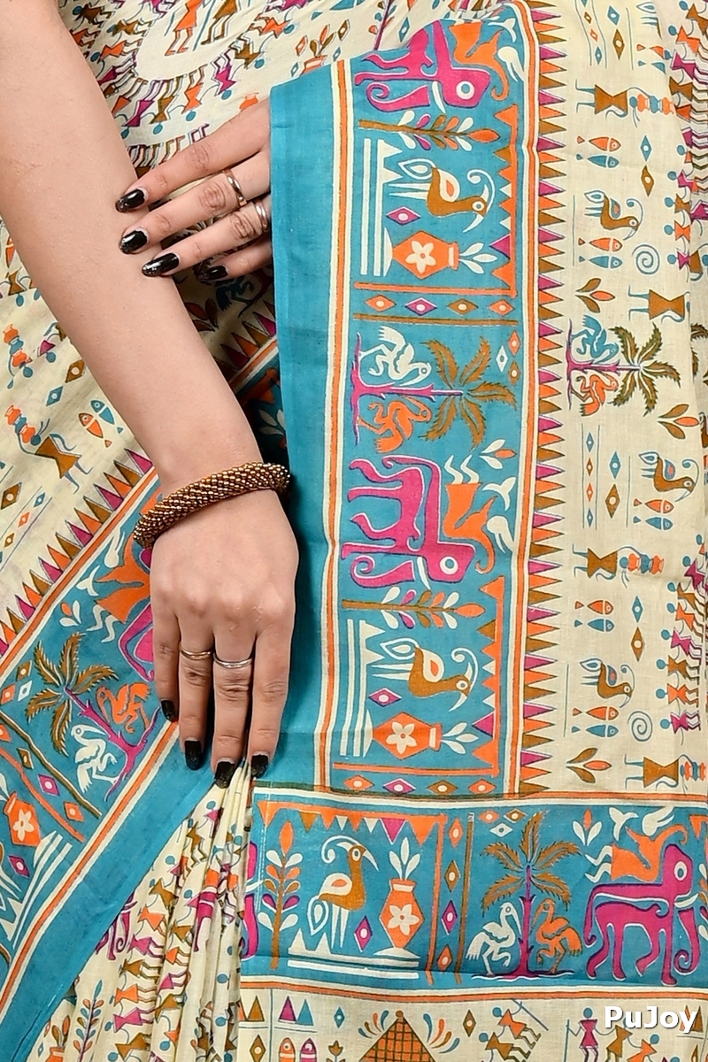 Off White Blue Pure Cotton Feepsi Kalamkari Printed Saree (3030)