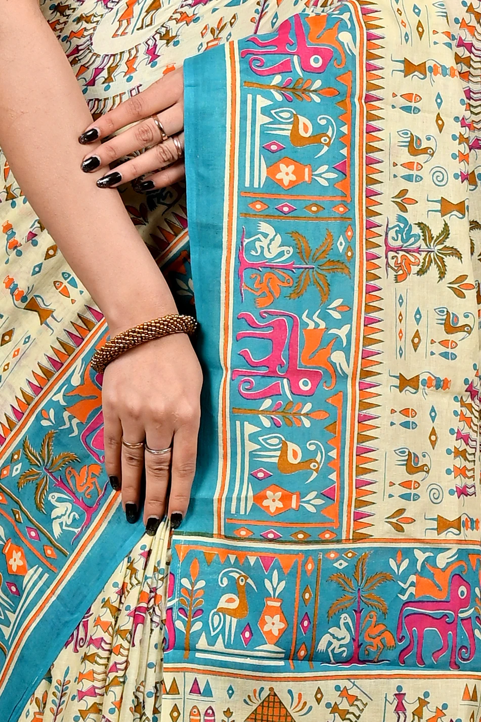 Off White Blue Pure Cotton Feepsi Kalamkari Printed Saree (3030)