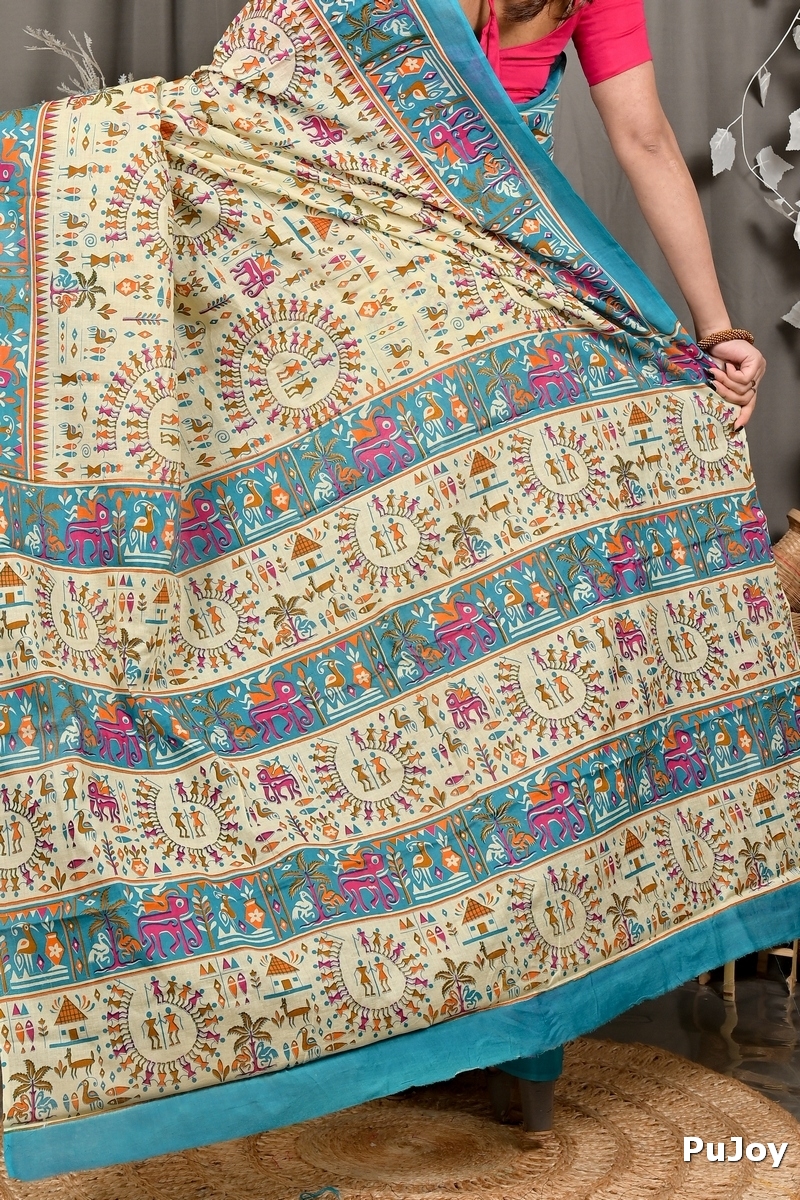 Off White Blue Pure Cotton Feepsi Kalamkari Printed Saree (3030)