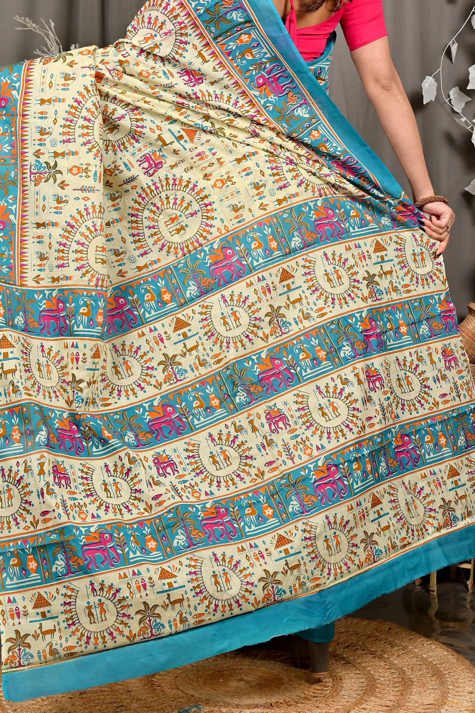 Off White Blue Pure Cotton Feepsi Kalamkari Printed Saree (3030)