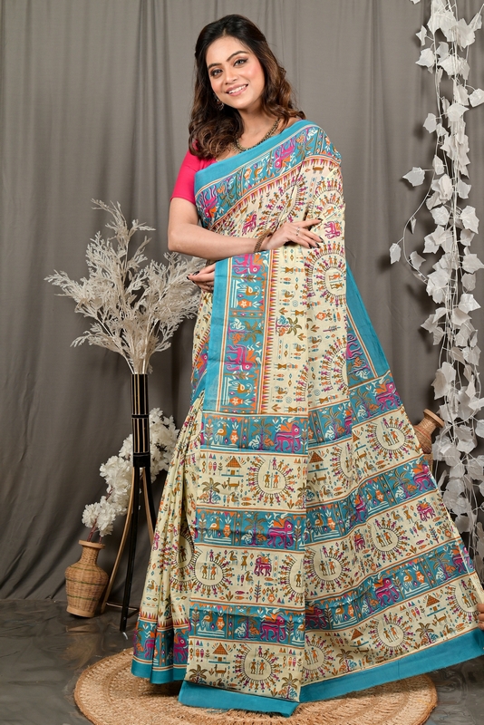 Off White Blue Pure Cotton Feepsi Kalamkari Printed Saree (3030)