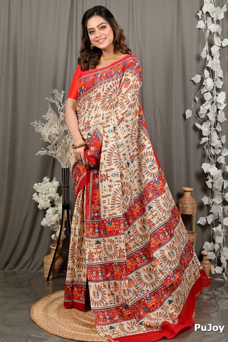 Off White Red Pure Cotton Feepsi Kalamkari Printed Saree (3031)