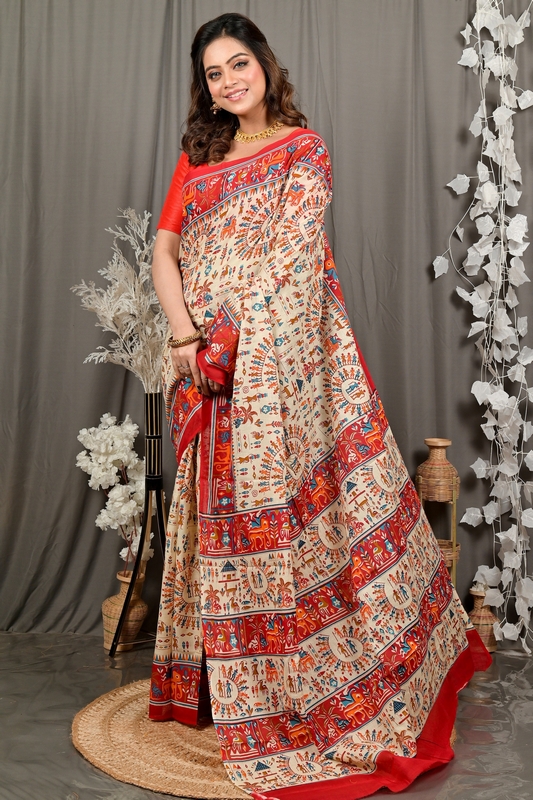 Off White Red Pure Cotton Feepsi Kalamkari Printed Saree (3031)