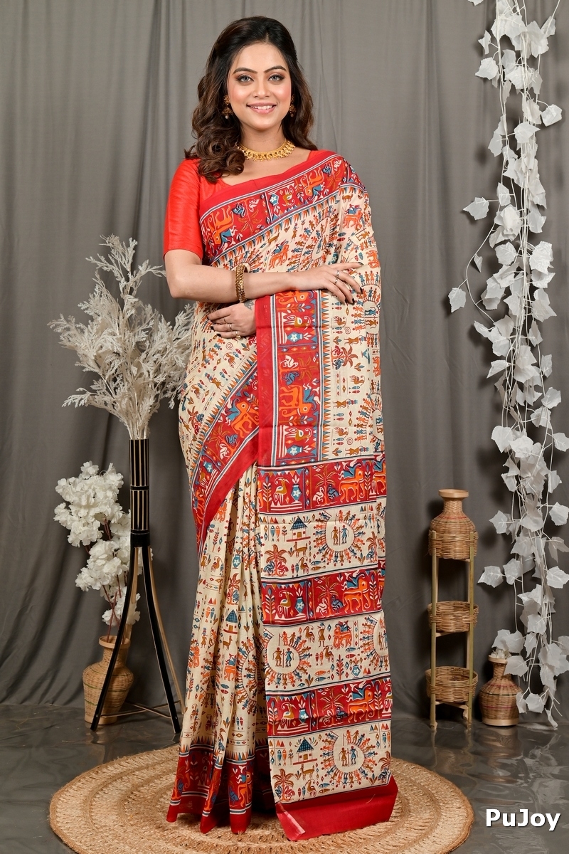 Off White Red Pure Cotton Feepsi Kalamkari Printed Saree (3031)