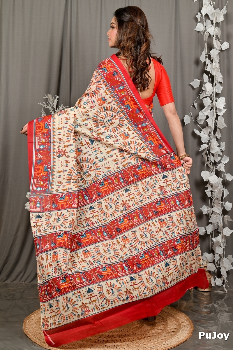 Off White Red Pure Cotton Feepsi Kalamkari Printed Saree (3031)