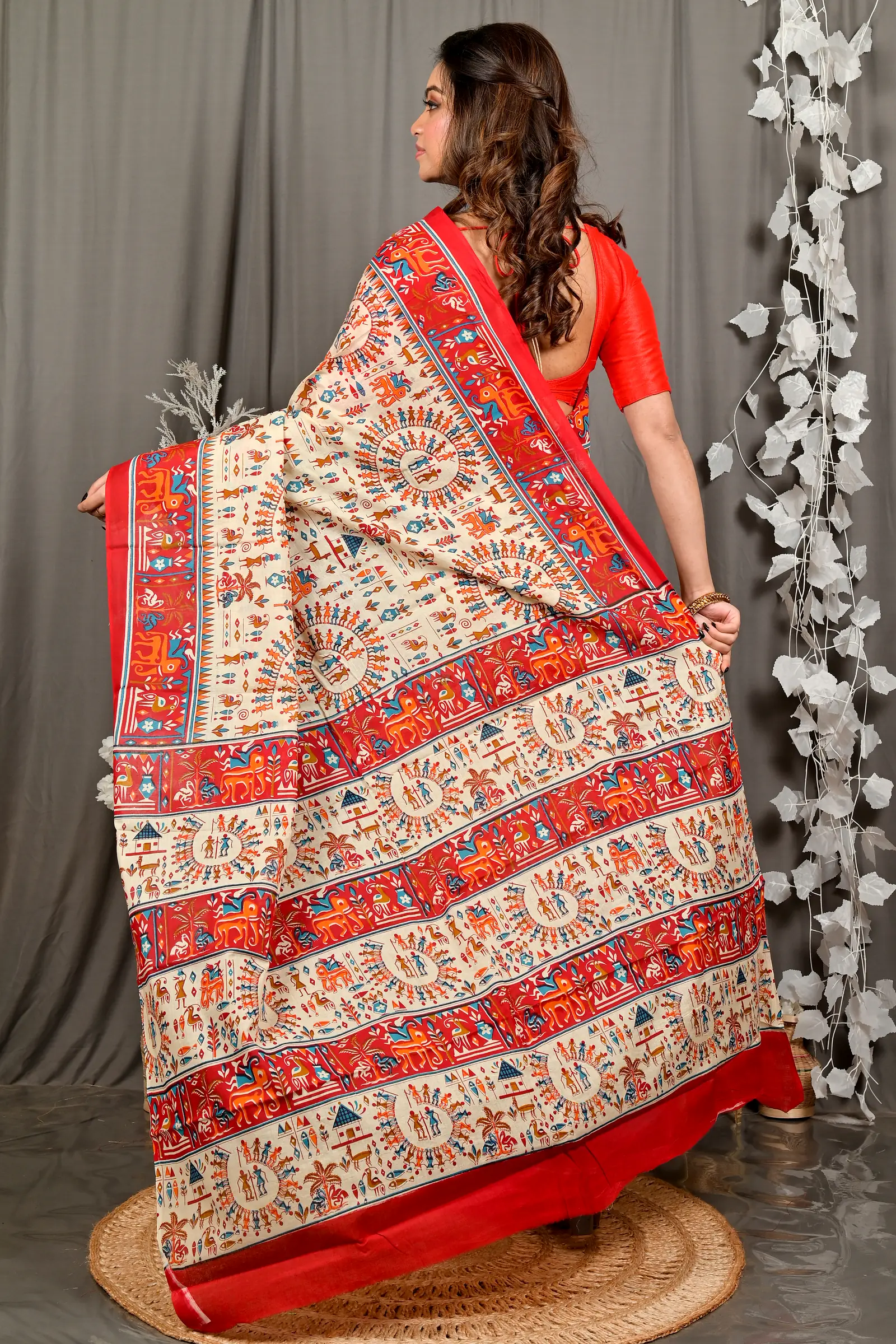 Off White Red Pure Cotton Feepsi Kalamkari Printed Saree (3031)