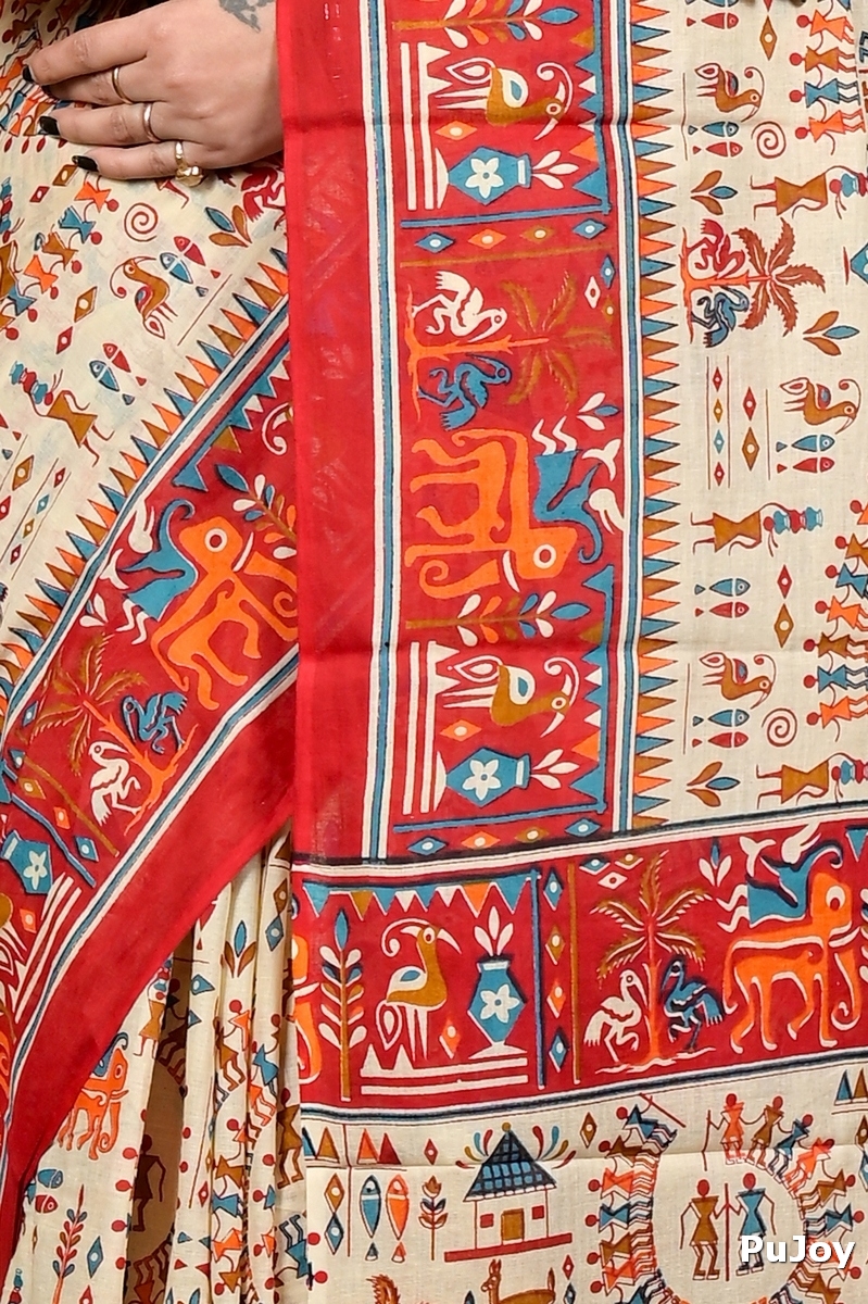 Off White Red Pure Cotton Feepsi Kalamkari Printed Saree (3031)