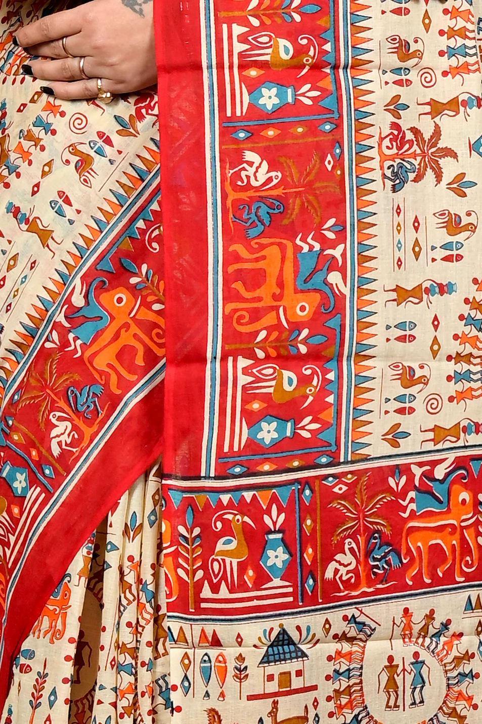 Off White Red Pure Cotton Feepsi Kalamkari Printed Saree (3031)