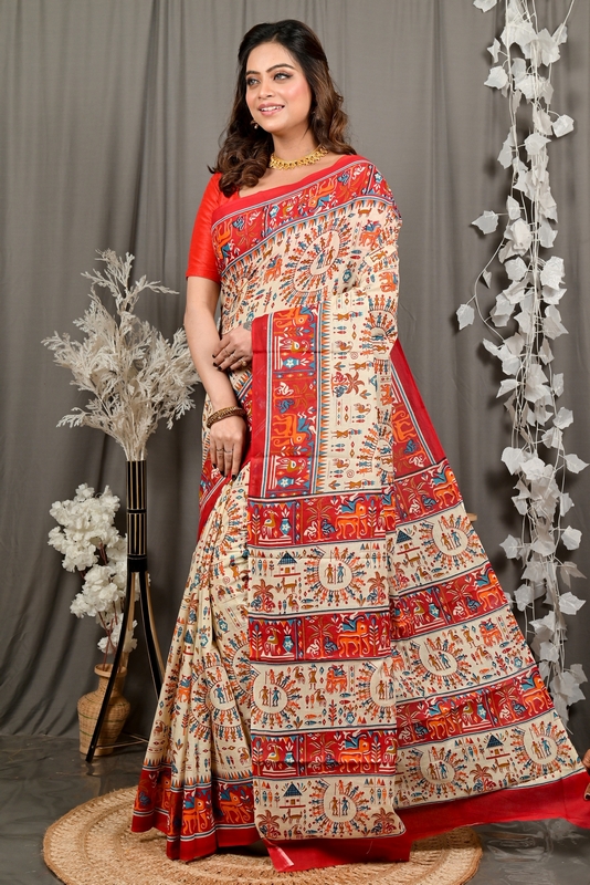 Off White Red Pure Cotton Feepsi Kalamkari Printed Saree (3031)