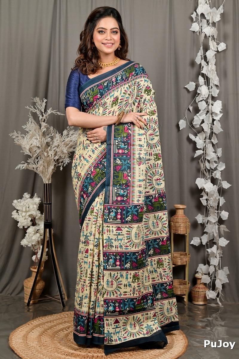 Off White Blue Pure Cotton Feepsi Kalamkari Printed Saree (3032)