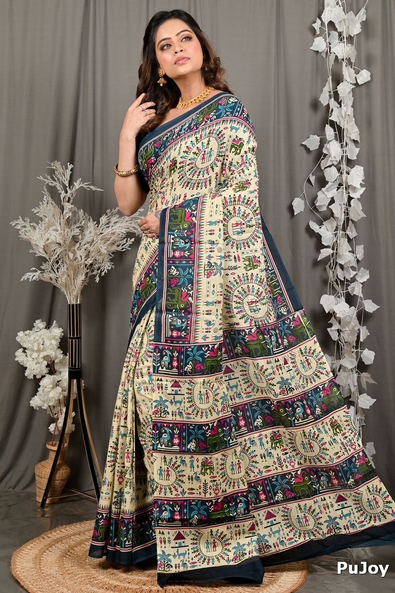 Off White Blue Pure Cotton Feepsi Kalamkari Printed Saree (3032)