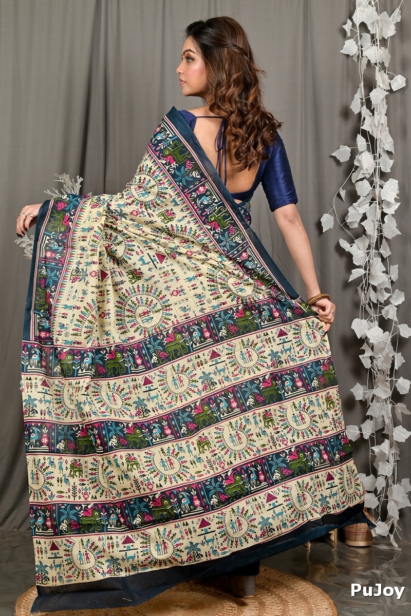 Off White Blue Pure Cotton Feepsi Kalamkari Printed Saree (3032)