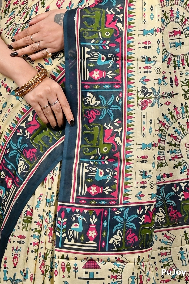 Off White Blue Pure Cotton Feepsi Kalamkari Printed Saree (3032)