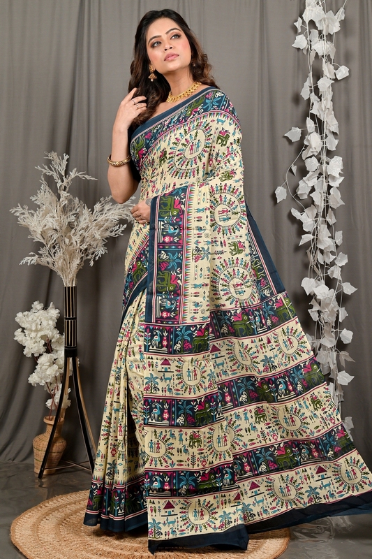 Off White Blue Pure Cotton Feepsi Kalamkari Printed Saree (3032)