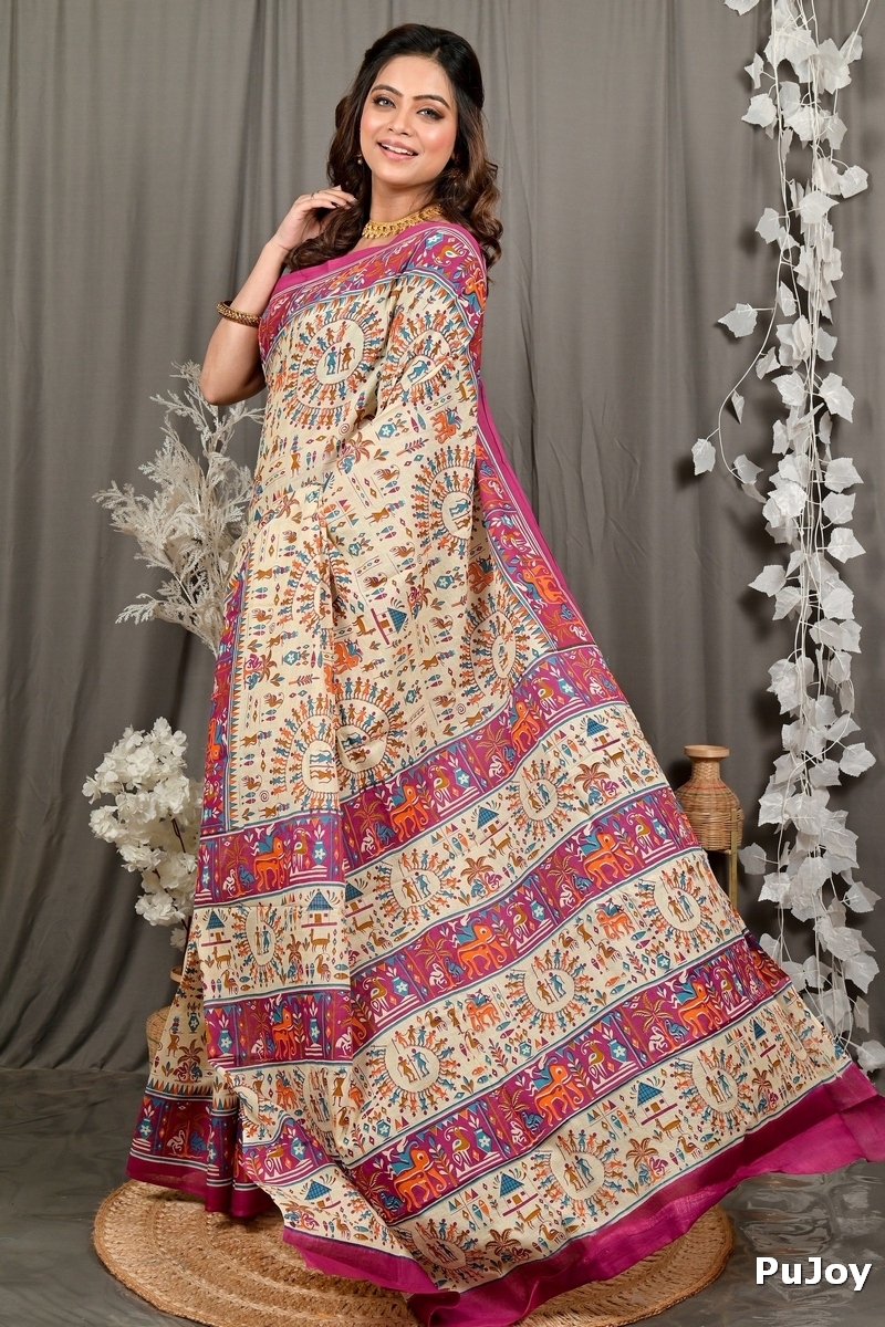 Off White Purple Pure Cotton Feepsi Kalamkari Printed Saree (3033)